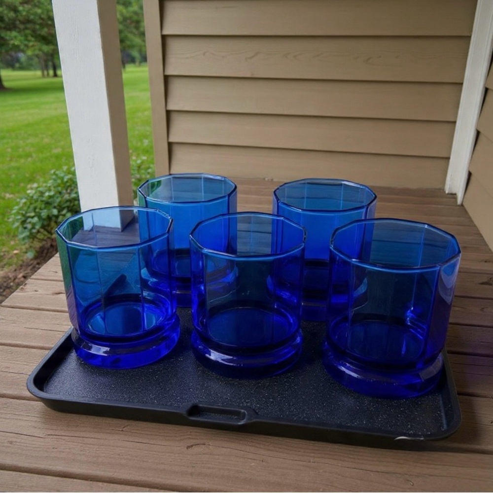 Vintage Anchor Hocking Cobalt Blue Essex 10 Panel Rocks Glasses Lowball Set of 5